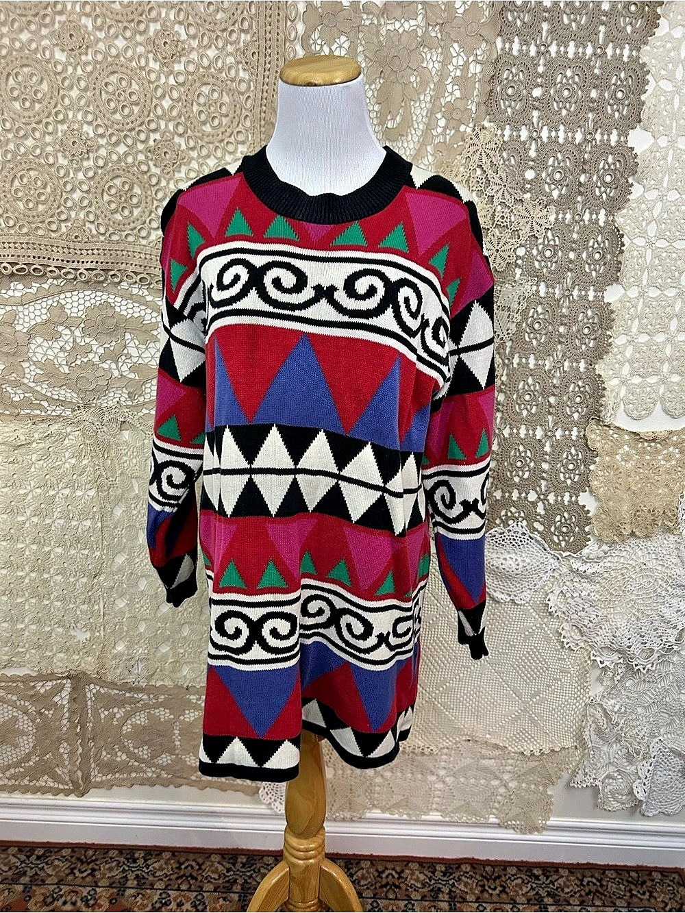 Vintage 80s Mirage Women's Geometric Crew Neck Sweater Tunic